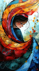 Fototapeta premium Colorful Abstract Painting Of Beautiful Girl in Colorful Dress and Hat With Flowers Retro Look Background