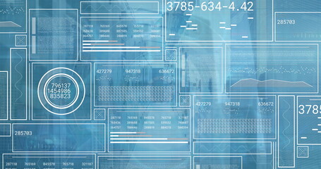 Image of digital data processing and digital interface and grid over blue background