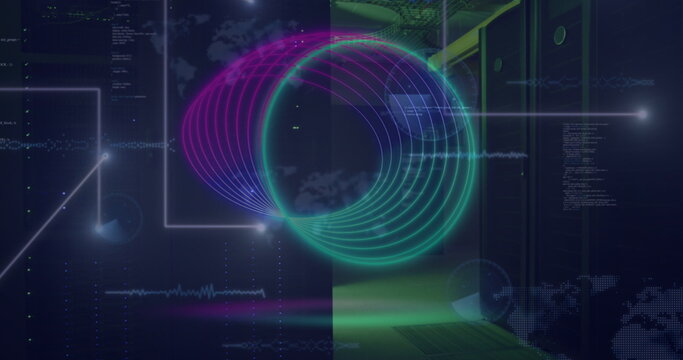 Image of circles over data processing and server room