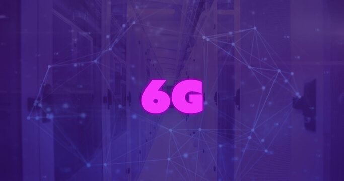 Image of 6g text and network of connections over server room