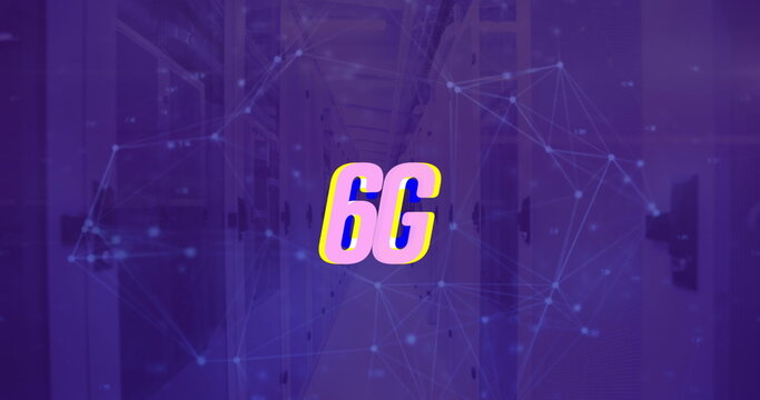 Image of 6g text and network of connections over server room
