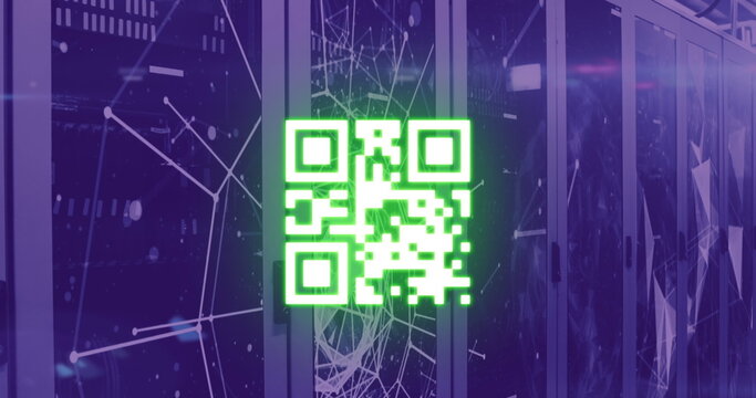 Image of qr code and network of connections over server room