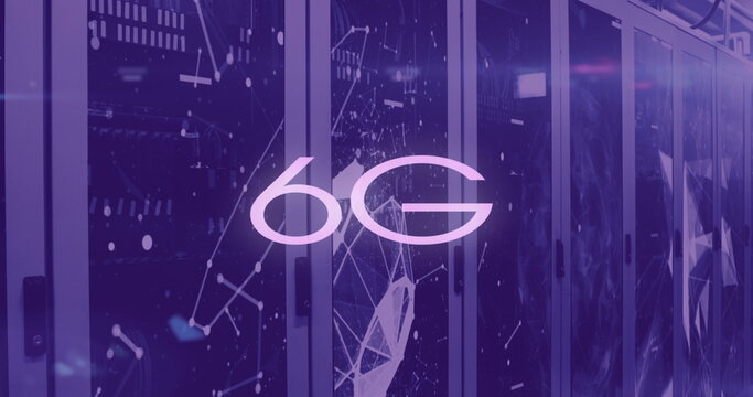 Image of 6g text and network of connections over server room