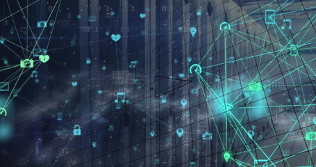 Image of moving columns over data processing on black background