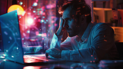 Digital Burnout: Stressed Businessman in Chaotic Office Enveloped by Data Overload