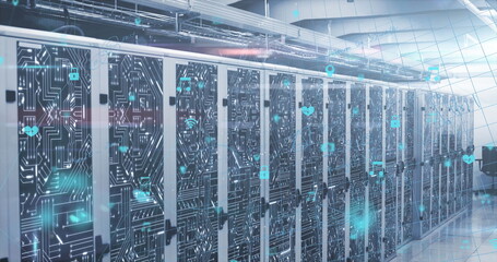 Image of mathematical equations, icons and data processing over computer servers