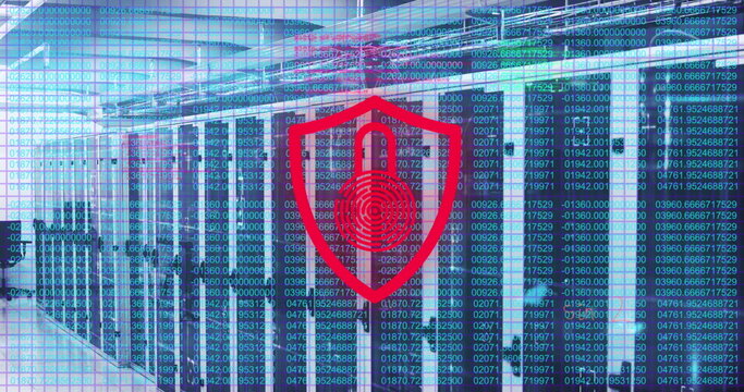 Image of digital padlock, mathematical equations and data processing over computer servers