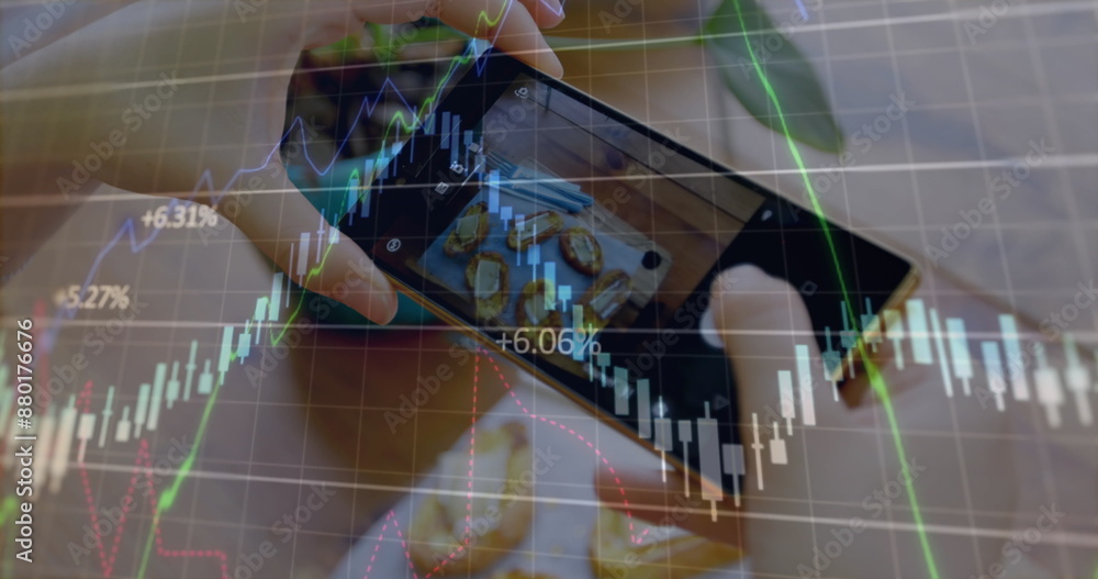 Poster image of data processing over hands taking photo with smartphone