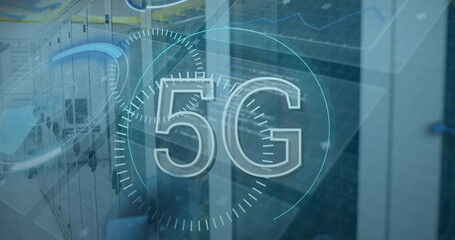 Image of scope scanning with 5g text over server room