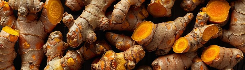 Close up of fresh turmeric root, organic, healthy, and natural.