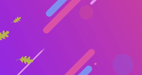 Image of leaves over shapes on purple background
