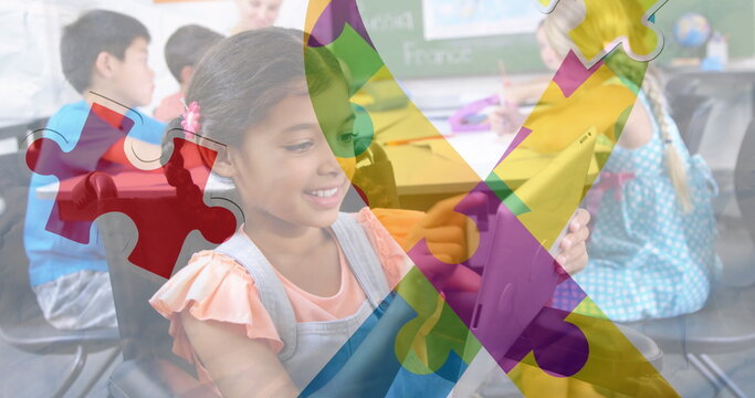 Image of colourful puzzle pieces and female friends using algeria