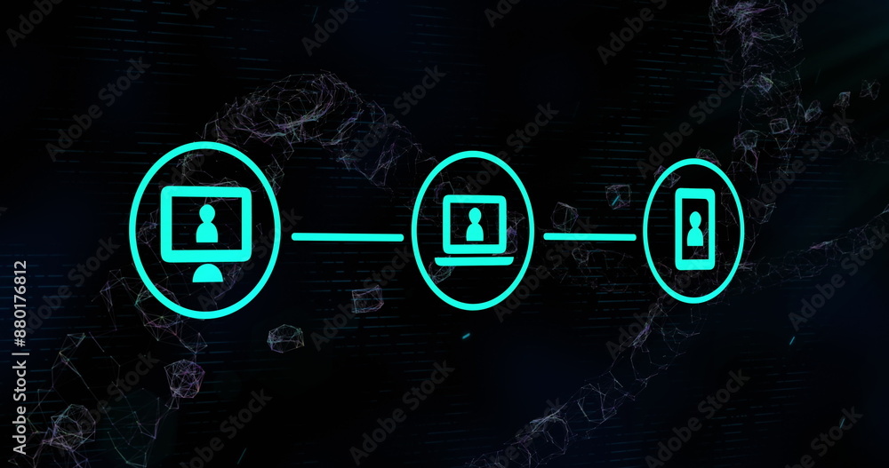Poster image of icons in circle connected with line over dna helix against abstract background