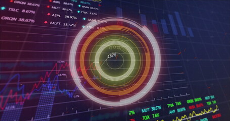 This image shows a glowing orange and green scope scanning and spinning with glitch on grid backgrou