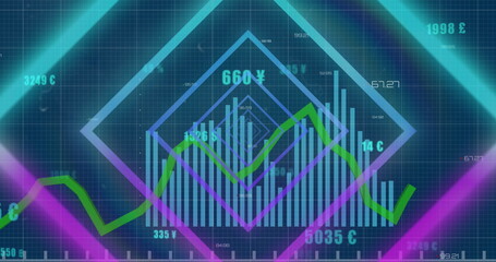 Image of neon shapes rotating over financial data on navy background