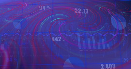 Image of waves over financial data on blue background