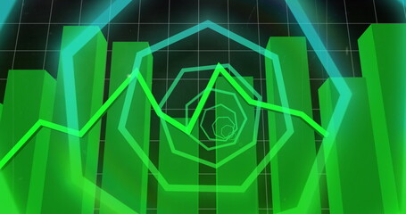 Image of neon shapes rotating over financial data on black background