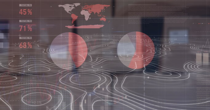 Image of isohypses over financial graphs and data over boxes - Powered by Adobe