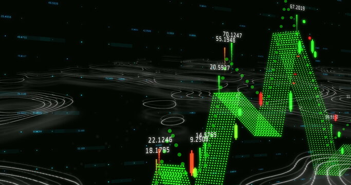 Image of isohypses over financial data on black background