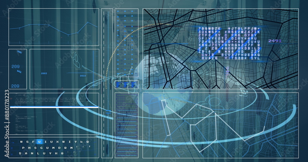 Poster image of scope scanning with globe and data processing over server room