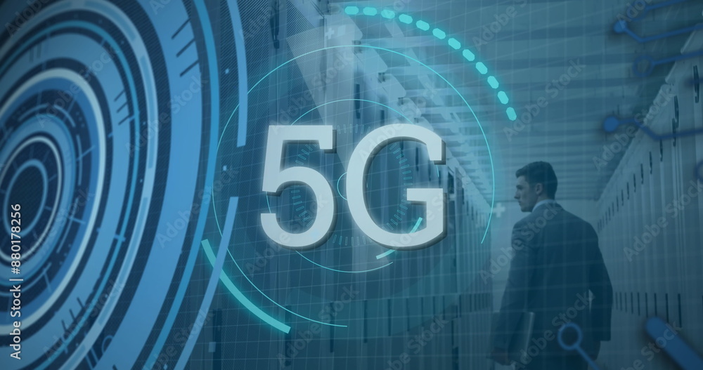 Poster image of scope scanning with 5g text and data processing over caucasian man in server room
