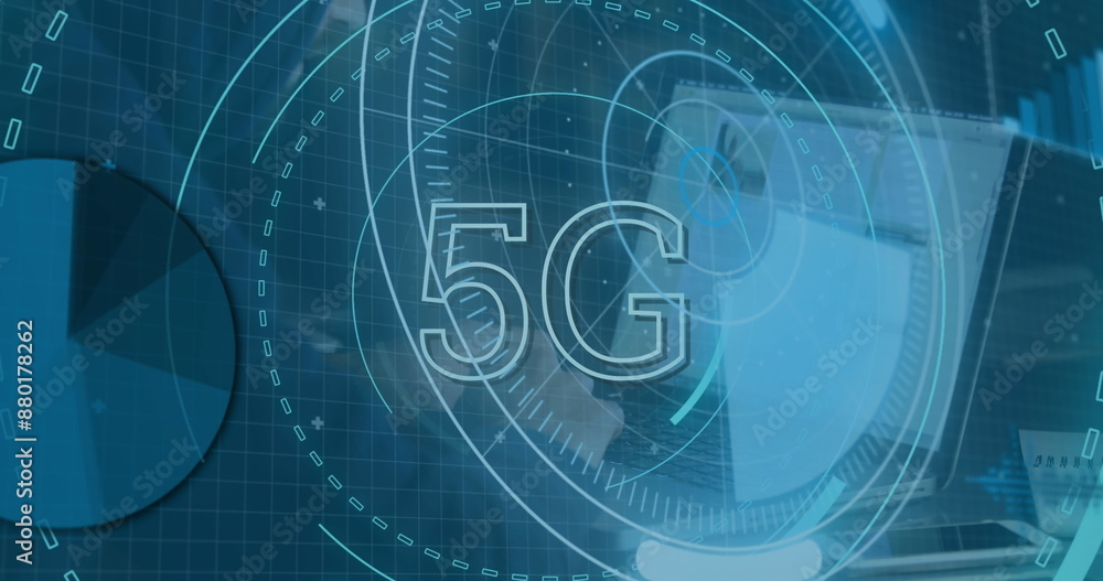 Poster image of scope scanning with 5g text and data processing over caucasian male hacker