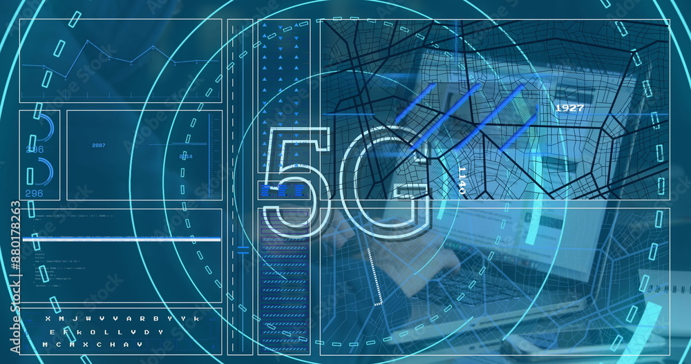 Poster image of scope scanning with 5g text and data processing over caucasian male hacker