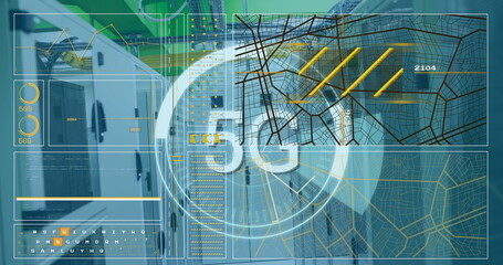 Image of scope scanning with 5g text and data processing over server room