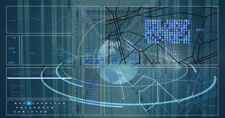 Image of scope scanning with globe and data processing over server room