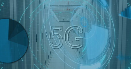 Image of 5g text over round scanner and data processing against computer server room