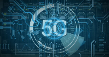 Image of scope scanning with 5g text and data processing over server room