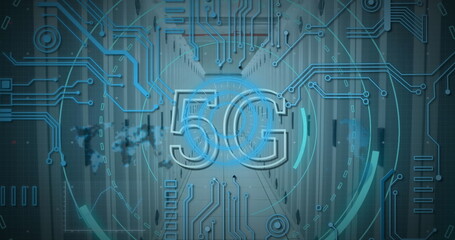 Image of scope scanning with 5g text and data processing over server room