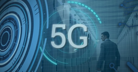 Image of scope scanning with 5g text and data processing over caucasian man in server room