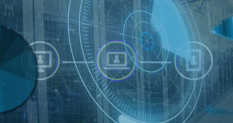 Image of scope scanning with icons and data processing over server room