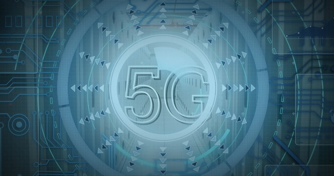 Image of 5g text over round scanner and data processing against computer server room