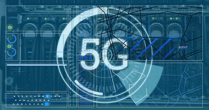 Image of scope scanning with 5g text and data processing over server room
