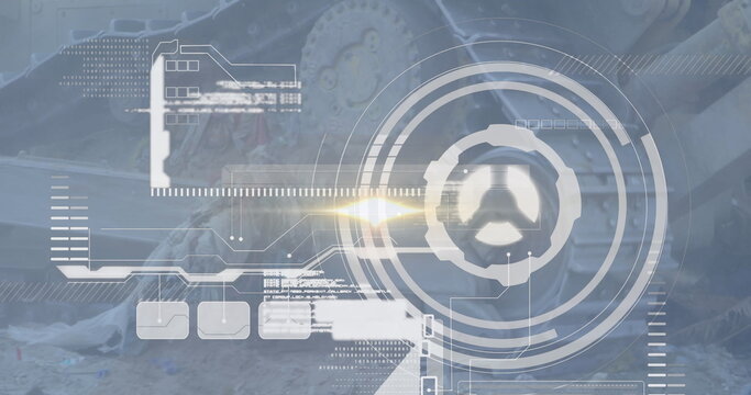 Image of data processing and statistics over buldozer in wasteland - Powered by Adobe