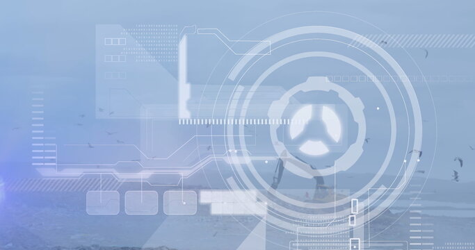 Image of arc reactor and abstract pattern over bulldozer leveling the garbage at dump yard - Powered by Adobe