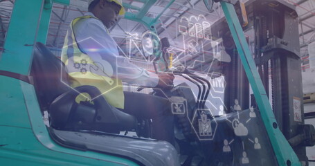 Image of data processing over african american male worker in warehouse