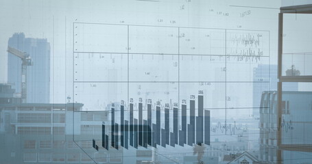 Image of financial data processing over cityscape