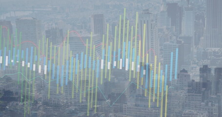 Image of financial data processing over cityscape