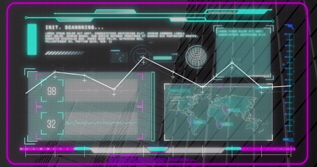 Image of interface with data processing against tall buildings