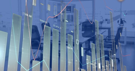 Image of statistics and financial data processing over modern office