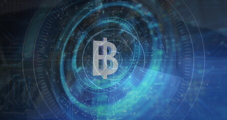 Image of bitcoin symbol, scopes scanning and data processing
