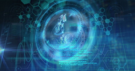 Obraz premium Image of euro symbol over neon round scanner against data processing on blue background