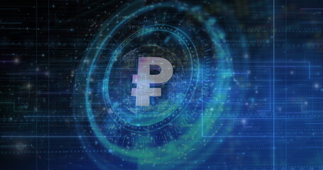 Image of cryptocurrency p symbol, scopes scanning and data processing