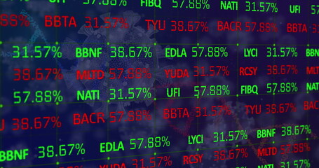 Image of stock market data processing over covid-19 cells floating against blue background