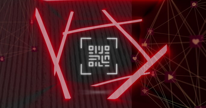 Image of neon qr code scanner and globes of digital icons spinning against tall buildings