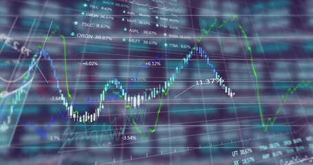 Image of financial and stock market data processing against blue background