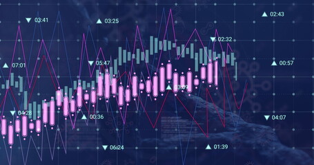 Image of financial data processing over dna structure and covid-19 cell icons on blue background